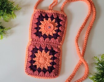 Crochet Crossbody Granny Square Bag in Coral and Purple