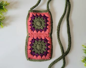 Crochet Crossbody Granny Square Bag in Green, Purple, and Dark Salmon