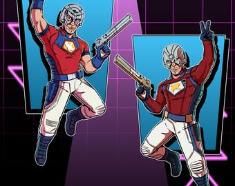 Op de afbeelding: Twee illustraties van een superheld in een rood en blauw kostuum, witte broek en zilveren helm, met een pistool en het vredesteken. De achtergrond is een retro design met een blauwe vierkant en roze driehoeken.
