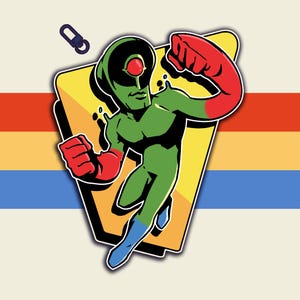 Puede incluir: Ilustración de dibujos animados de un superhéroe verde con guantes rojos y un casco negro, sobre un fondo amarillo. El superhéroe está en una pose dinámica, con un fondo a rayas rojo, naranja y azul.