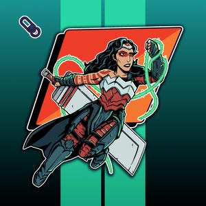May include: A sticker featuring a stylized illustration of a superheroine in a dynamic pose. She wears a red and white bodice, black skirt, and holds a glowing green lasso. The background is a gradient of teal and green.