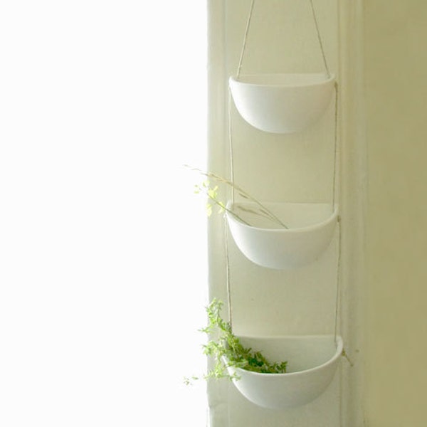 Porcelain Hanging Pots Trio, Wabi Sabi Decor, White Scandinavian Decor, Mini Ceramic Hanging Pots, Wall Hanging