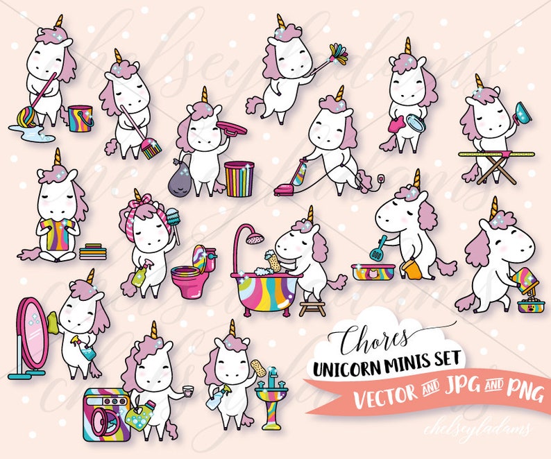Chibi Unicorns Vector Clipart Graphics Cute Kawaii Commercial Use DIY Planner Stickers Designs Unicorn Chores Clip Art 15 Set Rainbow