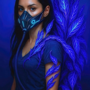 Puede incluir: Una persona con una máscara azul futurista con detalles brillantes y una camiseta azul a juego. La imagen presenta elementos vegetales azules estilizados, creando una composición artística cohesiva. La estética general es futurista y estilizada.
