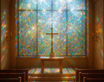 Glasmalerei-Kirche, Kunstdruck, göttliches Licht, christliches Kreuz, digitaler Download