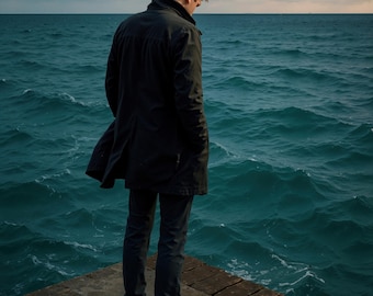 Dramatic Ocean Art Print: Solitary Figure, Moody Teal Sea (Digital Download)