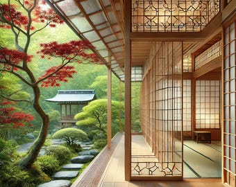 Top300, japanischer Garten, traditionelles Teehaus, KI-generierter Zen-Wandkunstdruck