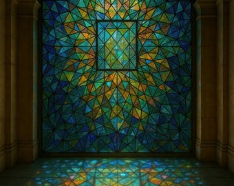 Teal Amber Glasfenster, geometrische Wandkunst, Instant Download