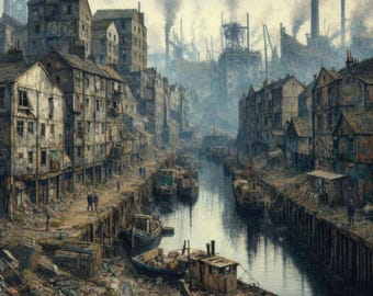 Steampunk Kanal, Art Print, Viktorianische Industrielandschaft, (Digitaler Download)
