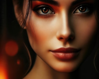 AI Brunette Portrait Art Print, "Flaming Gaze" (Digital Download)