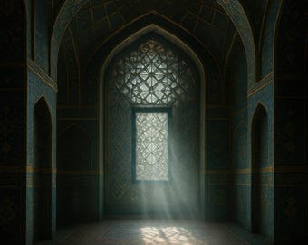 Islamische Architektur Druck, Stimmungsvoller Blauer Palast, Sonnenstrahlen Fensterkunst, Digital Download