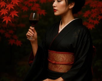 Kimono-Frau mit Rotwein Kunstdruck, Herbstlaub, digitaler Download