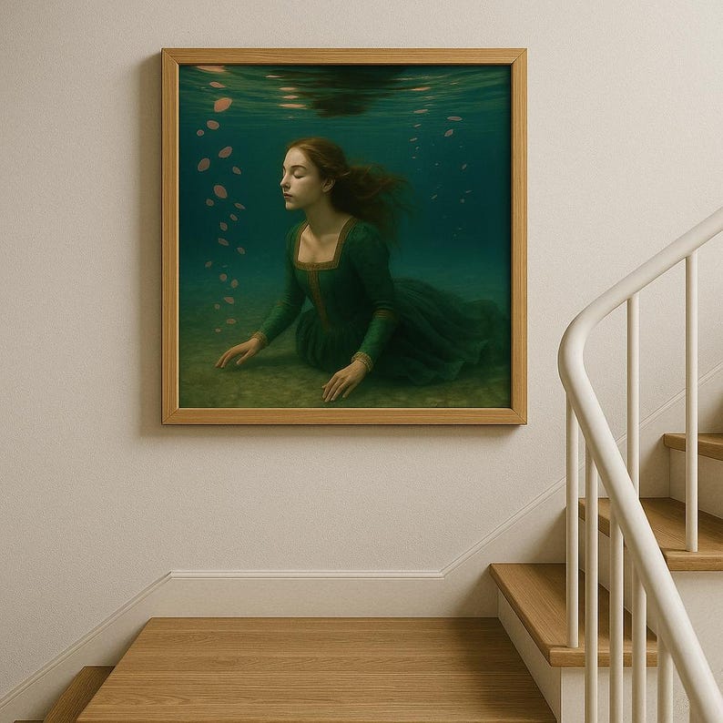 May include: A framed artwork shows a woman in a green dress underwater. The woman has long brown hair and is surrounded by bubbles. The artwork is in a wooden frame and hangs on a white wall above a wooden staircase.