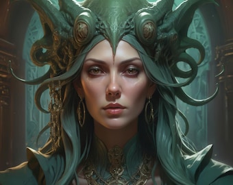 Djuphavshäxan Drottning Cthulhu Konsttryck, Eldritch Gudinna Fantasy Väggdekor, Digital Nedladdning)