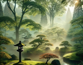 May include: A serene Japanese garden scene with lush green trees, moss-covered mounds, and a small pond. A stone lantern stands in the foreground, and a small pagoda is visible in the distance. The scene is enveloped in a soft, misty light.