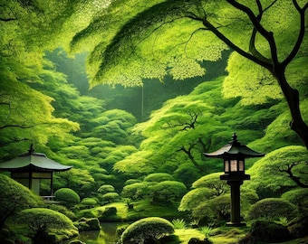 Japanese Garden Landscape, Temple, Greenery, Zen Art , Digital Download
