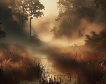 Stimmungsvolle Sumpflandschaft, Kunst Druck, Vintage Sumpf Ölgemälde, (Digitaler Download)