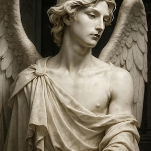 May include: A marble statue of an angel with large, detailed wings. The angel has flowing hair and is draped in classical robes. The sculpture is in a neutral color palette, with soft lighting and a focus on the textures of the stone.
