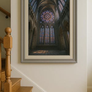 May include: Framed print of a cathedral interior with stained glass windows. The artwork depicts a high-angle view of the cathedral's interior, showcasing its architectural details and the play of light through the colorful windows. The frame is a neutral gray.