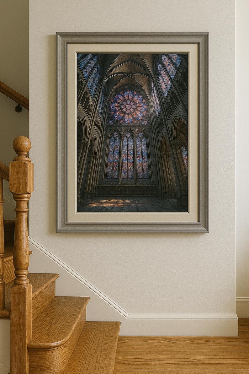 May include: Framed print of a cathedral interior with stained glass windows. The artwork depicts a high-angle view of the cathedral's interior, showcasing its architectural details and the play of light through the colorful windows. The frame is a neutral gray.