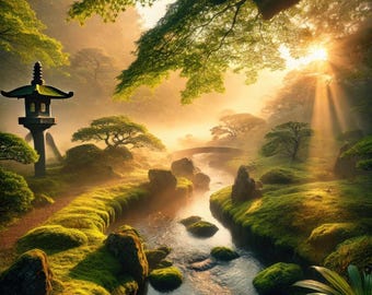 May include: A serene Japanese garden scene with a stream flowing through a moss-covered landscape. A stone lantern stands near a path, with a small bridge in the distance. Sunlight filters through the trees, creating a peaceful atmosphere.