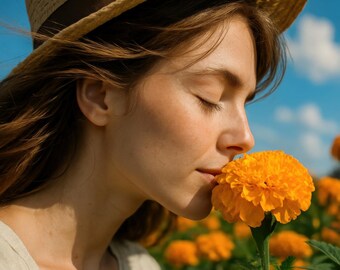 Frau mit Ringelblumen , Art Print,Cottagecore Wanddekoration, digitaler Download