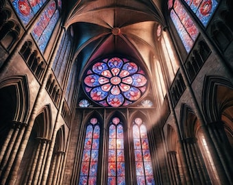Gothic Cathedral Stained Glass Window AI Art Print (Digital Download)