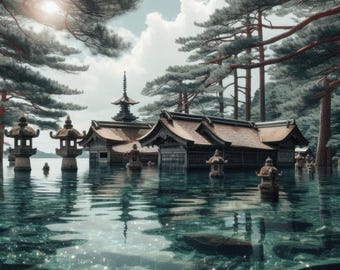 Untergetaucht japanischer Schrein Druck, Fantasy Wassertempel Kunst, Zen digitaler Download