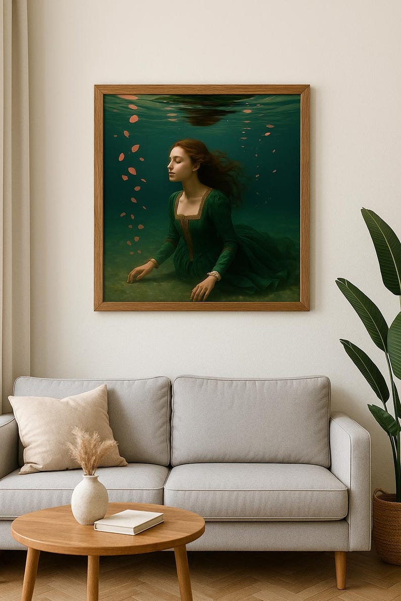 May include: A framed art print showing a woman in a green dress underwater. The artwork presents a tranquil scene with the woman's hair flowing, surrounded by floating petals. The wooden frame complements the artwork's serene theme.