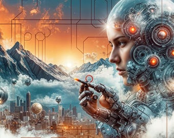 Der Architekt einer Synthetischen Dämmerung, Kybernetische Traumlandschaft, futuristische KI Kunstdruck, Sci-Fi Stadtbild, digitaler Download