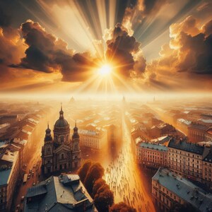 May include: An aerial view of a city bathed in golden sunlight. A large church with a domed roof and multiple spires is in the foreground. The sun's rays burst through the clouds, illuminating the buildings and streets below. The overall scene evokes a sense of peace and grandeur.