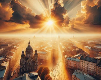 Golden Sunrise Cityscape, Dreamlike Digital Painting, Inspirational Wall Art Print