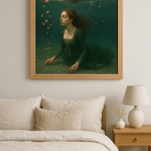 May include: A framed art print shows a person in a green dress submerged in water. The person has long auburn hair, with bubbles and petals floating around. The artwork is in a light wood frame.
