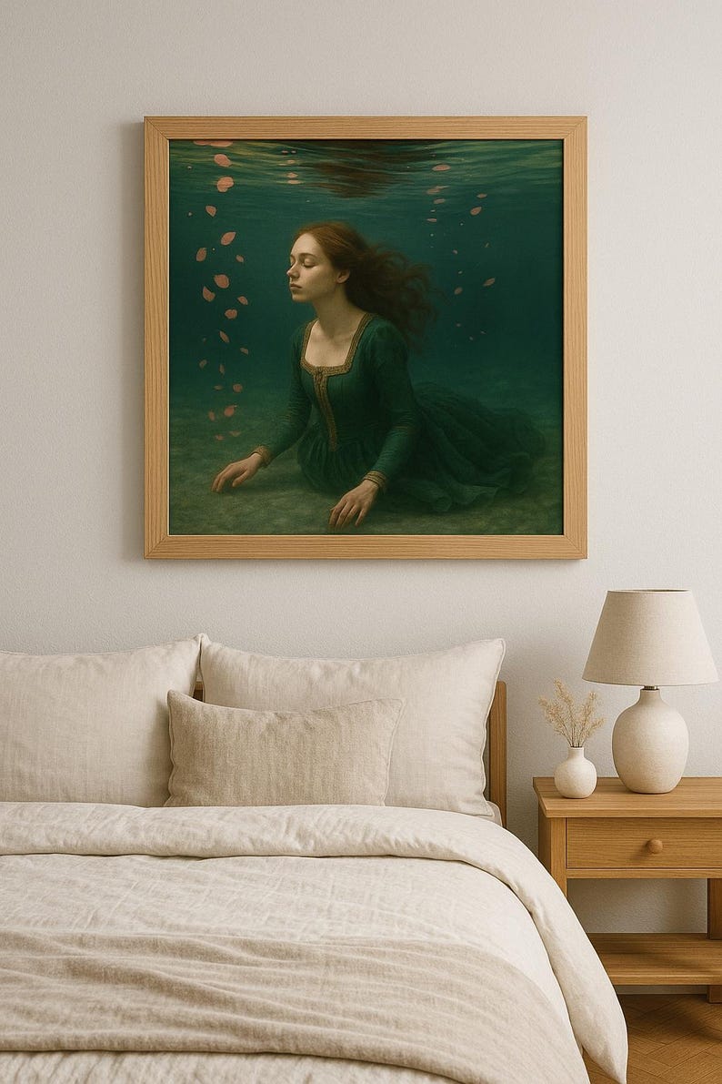 May include: A framed art print shows a person in a green dress submerged in water. The person has long auburn hair, with bubbles and petals floating around. The artwork is in a light wood frame.