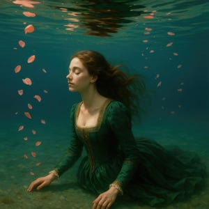 May include: A person in a dark green dress with gold trim is underwater, with pink petals floating around them. The person has long brown hair and is in clear, turquoise water. The scene is serene.