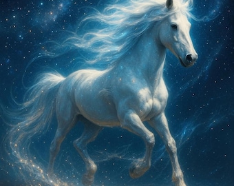May include: A white horse with a flowing mane and tail, set against a starry night sky. The horse appears to be running, with a trail of golden light following its hooves. The artwork evokes a sense of fantasy and celestial beauty.
