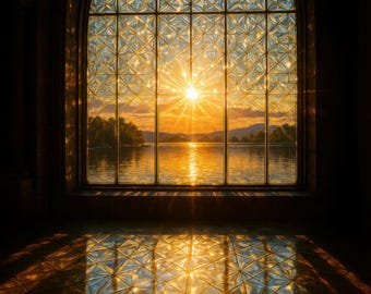 Goldener Sonnenaufgang-Buntglasfenster Kunstdruck, Digital Download