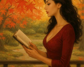 Herbst lesende Frau, Kunstdruck, Herbst Dekor, digitaler Download