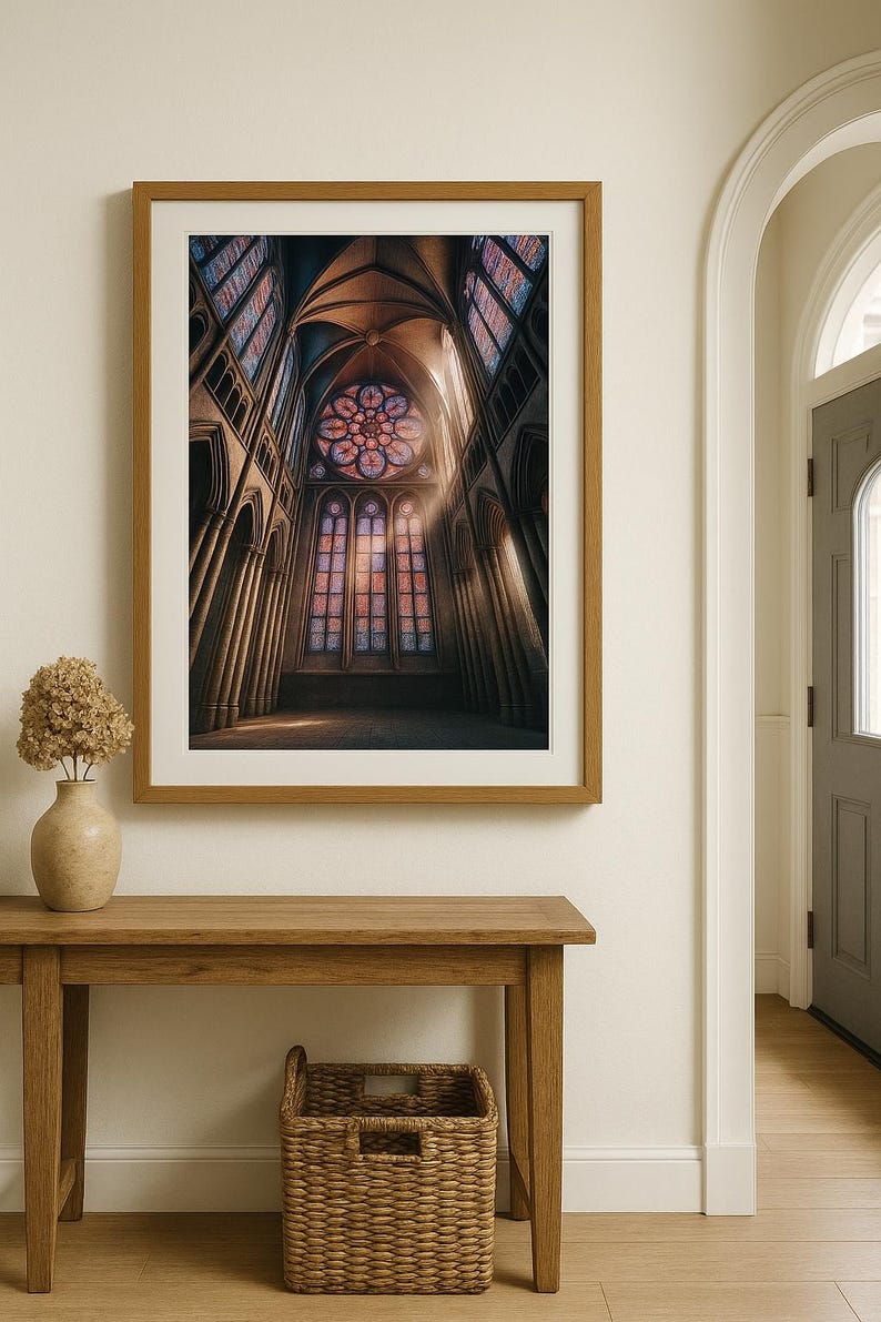 May include: A framed print of a cathedral interior. The image showcases a high-ceilinged space with stained-glass windows in shades of red, blue, and purple. The artwork is displayed on a wall above a wooden table with a vase and a woven basket.