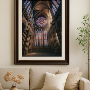 May include: Framed print of a cathedral interior with stained glass windows. The artwork features a detailed depiction of the cathedral's architecture, including arched ceilings and columns. The stained glass windows are illuminated by sunlight, creating a colorful display.