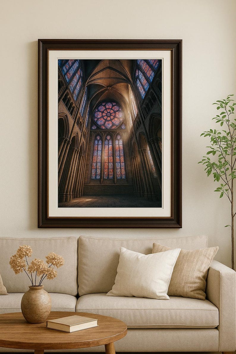 May include: Framed print of a cathedral interior with stained glass windows. The artwork features a detailed depiction of the cathedral's architecture, including arched ceilings and columns. The stained glass windows are illuminated by sunlight, creating a colorful display.