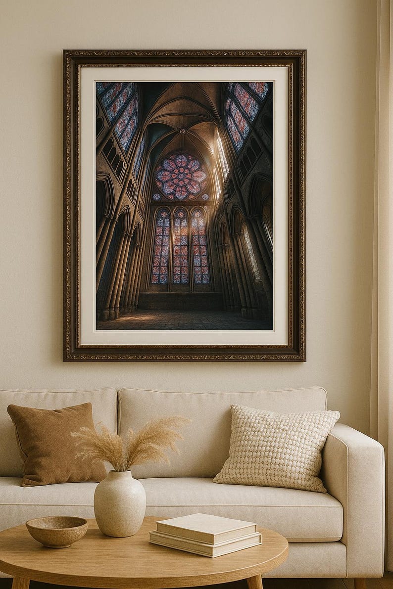 May include: A framed print of a cathedral interior with stained glass windows. The artwork features a rose window and arched ceilings, with light streaming through the windows. The frame is dark brown.
