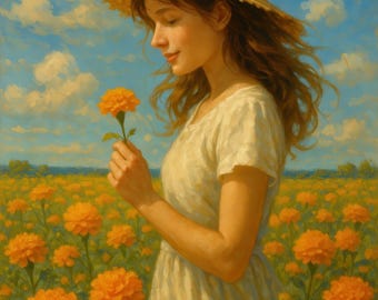 Ringelblumen Garten Poster, Frau im Sonnenblumenfeld, Cottagecore Kunst, Digital Download