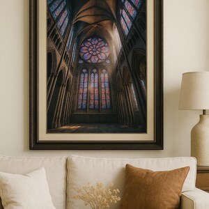 May include: Framed print of a cathedral interior with stained glass windows. The artwork depicts a high-ceilinged space with arched columns and a large rose window. The color palette includes blues, reds, and browns, creating a sense of depth and light.