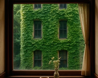 Efeubedeckte Gebäude, Digital Art, Cottagecore Kaffeeszene, digitaler Download