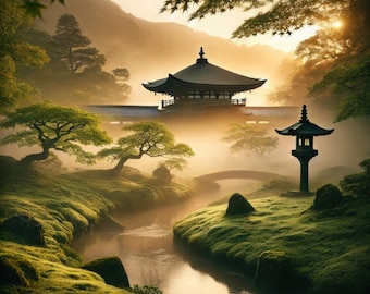 May include: A serene landscape featuring a traditional Japanese temple nestled amidst lush greenery and a misty atmosphere. A small bridge crosses a stream, with a pagoda-style lantern in the foreground. The scene is bathed in soft, warm light.