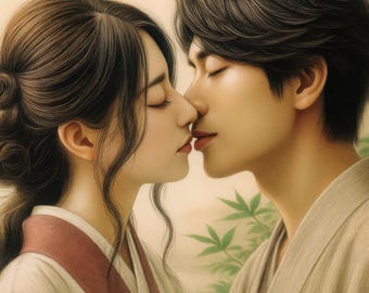 Korean Drama Kiss, Art Print, Romantic Asian Couple, Digital Download
