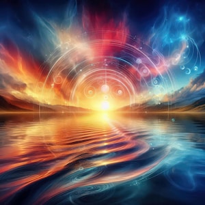 Puede incluir: Una obra de arte digital abstracta que representa una puesta de sol sobre una masa de agua. El cielo transita del naranja y rojo fuego al azul profundo, con formaciones de nubes arremolinadas. El agua refleja los colores del cielo, creando un paisaje surrealista.