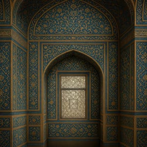 May include: An interior view of a room with ornate teal and gold patterned walls and arched doorways. The walls feature intricate floral designs. A window with a geometric pattern is visible in the center of the image.