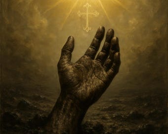 Surrealismus, christlicher Kunstdruck, Hand greift nach Kreuz (Digitaler Download)
